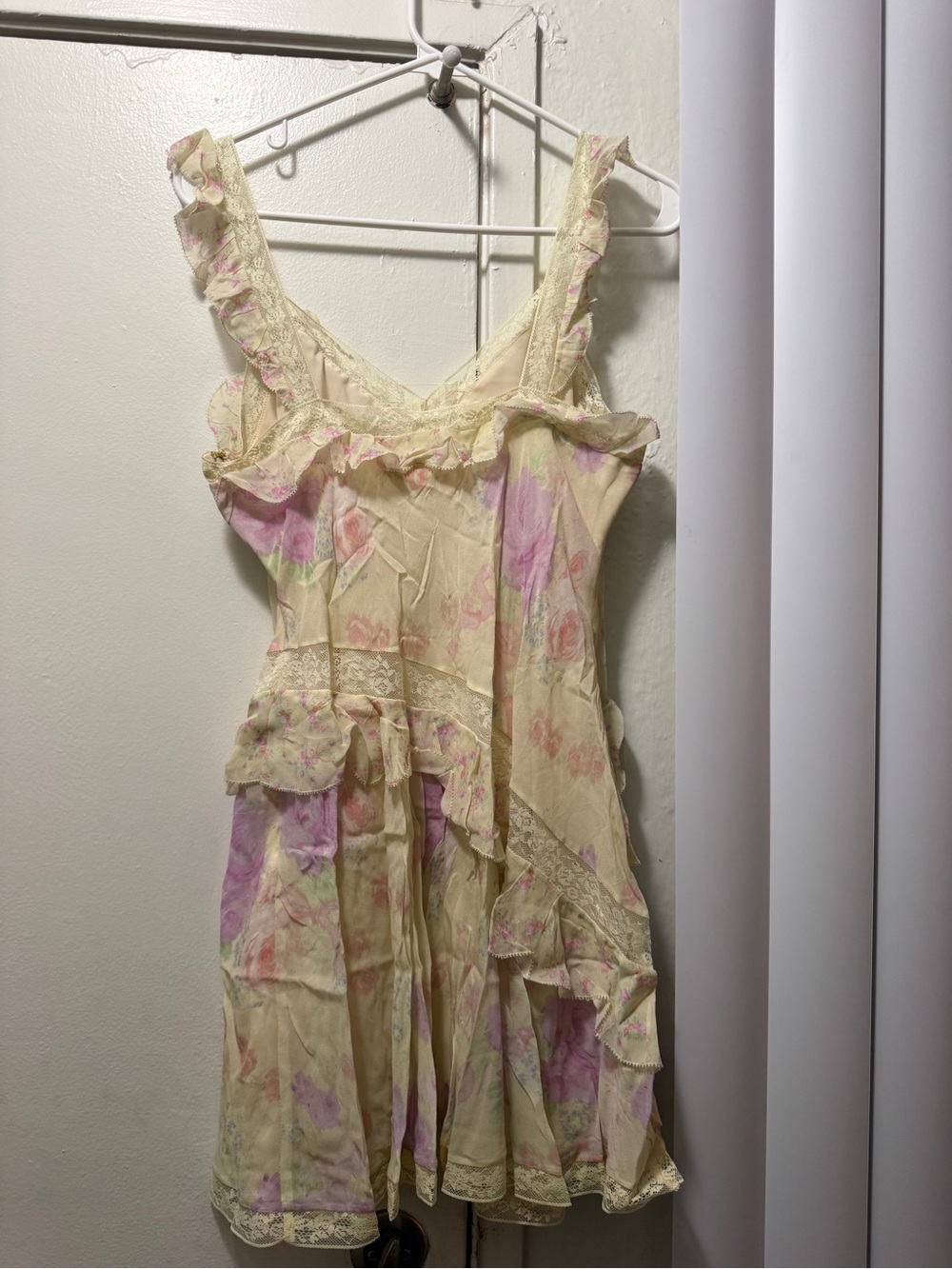 LoveShackFancy Pale Yellow Floral Ruffle Mini Dress with Pink Accents - Picture 6 of 7